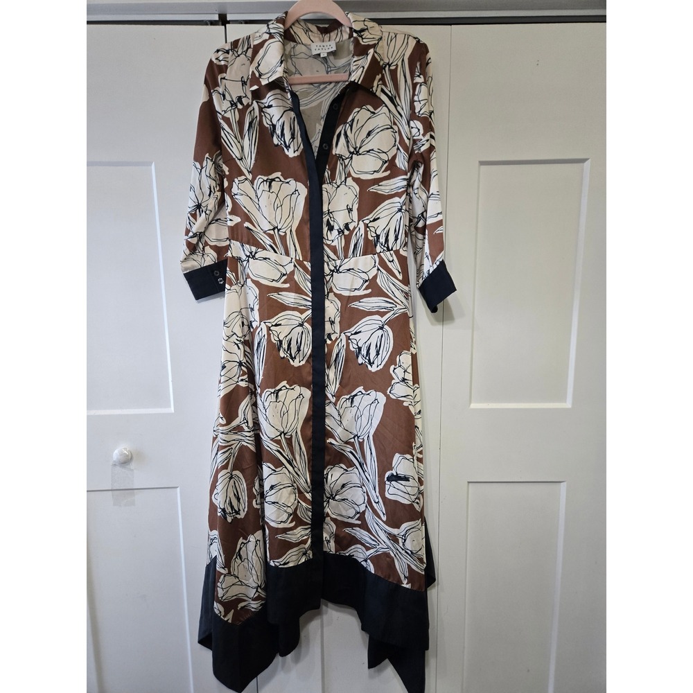 Tanya Taylor Floral Handkerchief Hem Midi Shirt Dress Brown Navy White Size 8